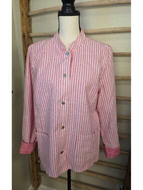 Chico's Pink and White Striped Reversible Button-Up Jacket Size 2